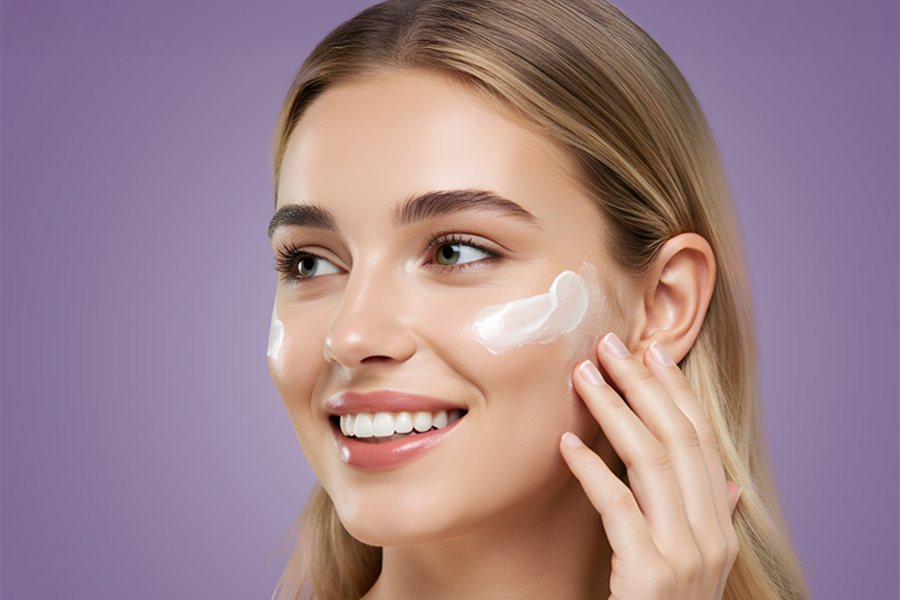 O tânără zâmbitoare își aplică singură crema de strălucire pe obraz